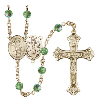 14 Karat Gold 6mm Austrian Crystal Guardian Angel/1st Responders Rosary in Peridot