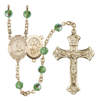 14 Karat Gold 6mm Austrian Crystal Saint Sebastian/Skiing Rosary in Peridot