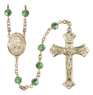 14 Karat Gold 6mm Austrian Crystal Virgen del Lourdes Rosary in Peridot