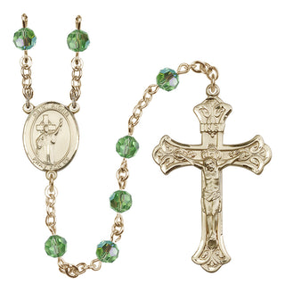14 Karat Gold 6mm Austrian Crystal Saint Aidan of Lindesfarne Rosary in Peridot