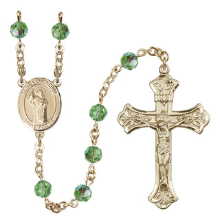 14 Karat Gold 6mm Austrian Crystal Saint Columbkille Rosary in Peridot