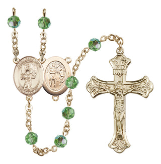 14 Karat Gold 6mm Austrian Crystal Saint Sebastian / Baseball Rosary in Peridot