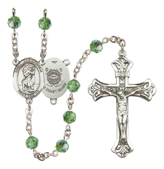 Sterling Silver 6mm Austrian Crystal Saint Christopher / Coast Guard Rosary in Peridot