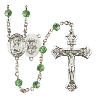 Sterling Silver 6mm Austrian Crystal Saint Christopher / Navy Rosary in Peridot