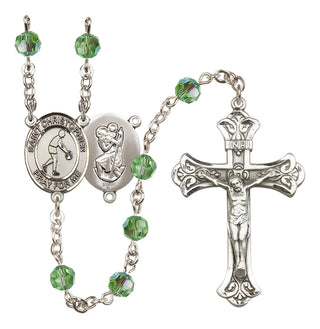 Sterling Silver 6mm Austrian Crystal Saint Christopher/Basketball Rosary in Peridot