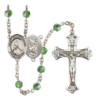 Sterling Silver 6mm Austrian Crystal Saint Christopher/Ice Hockey Rosary in Peridot