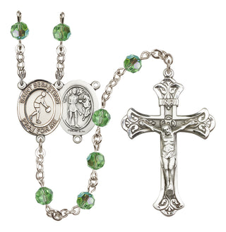 Sterling Silver 6mm Austrian Crystal Saint Sebastian/Basketball Rosary in Peridot