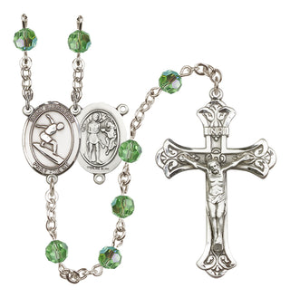 Sterling Silver 6mm Austrian Crystal Saint Sebastian/Surfing Rosary in Peridot