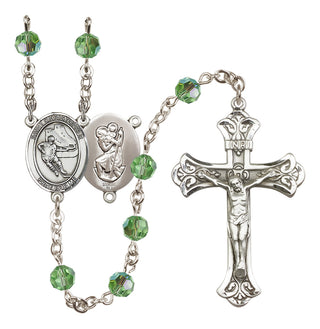 Sterling Silver 6mm Austrian Crystal Saint Christopher/Hockey Rosary in Peridot