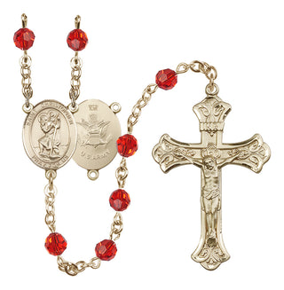 14 Karat Gold-Filled 6mm Austrian Crystal Saint Christopher / Army Rosary in Ruby