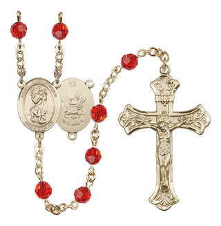 14 Karat Gold-Filled 6mm Austrian Crystal Saint Christopher / Navy Rosary in Ruby