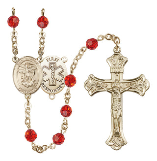 14 Karat Gold-Filled 6mm Austrian Crystal Saint Michael/1St Responder Rosary in Ruby