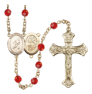 14 Karat Gold-Filled 6mm Austrian Crystal Saint Sebastian/Soccer Rosary in Ruby