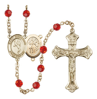 14 Karat Gold-Filled 6mm Austrian Crystal Saint Sebastian/Martial Arts Rosary in Ruby
