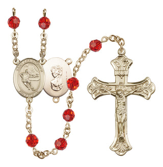 14 Karat Gold-Filled 6mm Austrian Crystal Saint Christopher/Hockey Rosary in Ruby