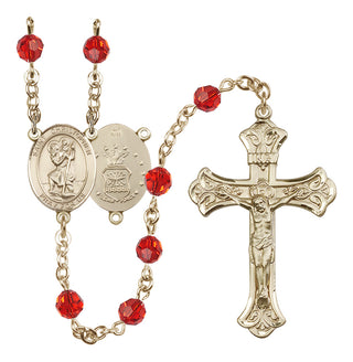 14 Karat Gold 6mm Austrian Crystal Saint Christopher / Air Force Rosary in Ruby