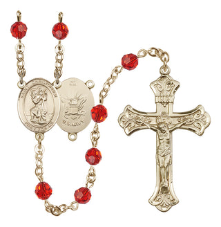 14 Karat Gold 6mm Austrian Crystal Saint Christopher / Navy Rosary in Ruby