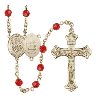 14 Karat Gold 6mm Austrian Crystal Saint George / Navy Rosary in Ruby