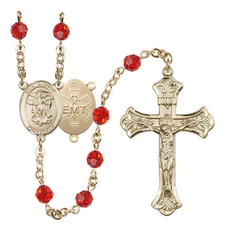 14 Karat Gold 6mm Austrian Crystal Saint Michael / EMT Rosary in Ruby