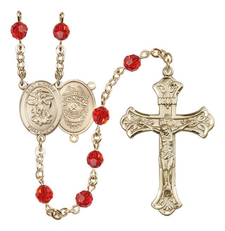14 Karat Gold 6mm Austrian Crystal Saint Michael the Archangel/Policeman Rosary in Ruby