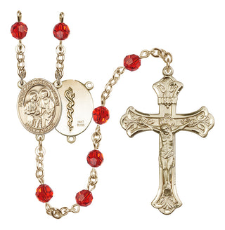 14 Karat Gold 6mm Austrian Crystal Saints Cosmas & Damian / Doctors Rosary in Ruby