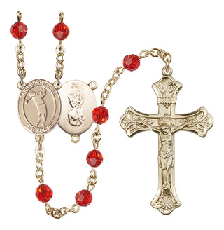 14 Karat Gold 6mm Austrian Crystal Saint Christopher/Golf Rosary in Ruby