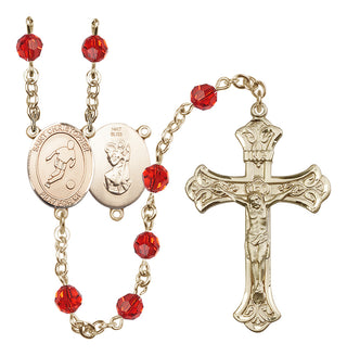 14 Karat Gold 6mm Austrian Crystal Saint Christopher/Soccer Rosary in Ruby