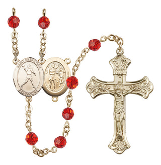 14 Karat Gold 6mm Austrian Crystal Saint Sebastian/Football Rosary in Ruby