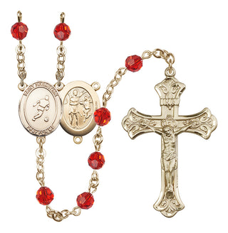 14 Karat Gold 6mm Austrian Crystal Saint Sebastian/Soccer Rosary in Ruby