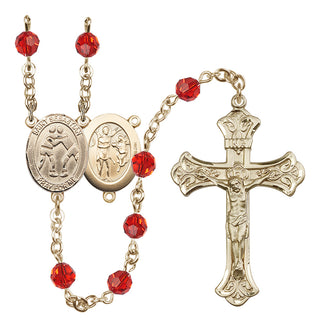 14 Karat Gold 6mm Austrian Crystal Saint Sebastian/Wrestling Rosary in Ruby