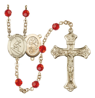14 Karat Gold 6mm Austrian Crystal Saint Sebastian/Surfing Rosary in Ruby