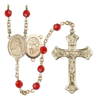 14 Karat Gold 6mm Austrian Crystal Saint Sebastian/Track & Field Rosary in Ruby