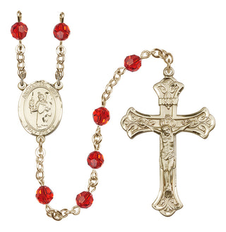 14 Karat Gold 6mm Austrian Crystal Saint Uriel the Archangel Rosary in Ruby