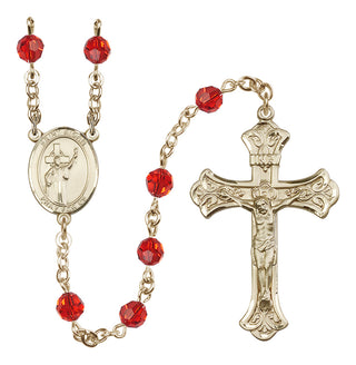 14 Karat Gold 6mm Austrian Crystal Saint Aidan of Lindesfarne Rosary in Ruby