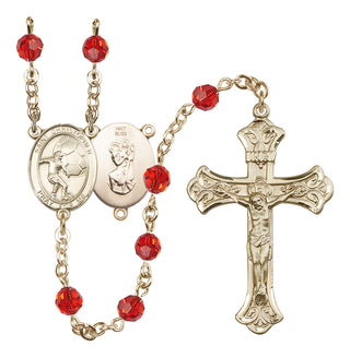 14 Karat Gold 6mm Austrian Crystal Saint Christopher/Soccer Rosary in Ruby