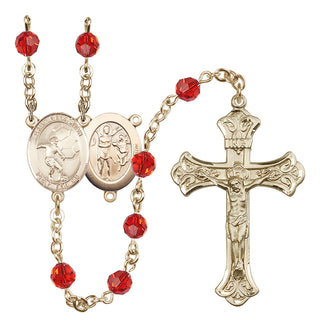 14 Karat Gold 6mm Austrian Crystal Saint Sebastian / Soccer Rosary in Ruby