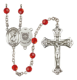 Sterling Silver 6mm Austrian Crystal Saint Christopher / Coast Guard Rosary in Ruby