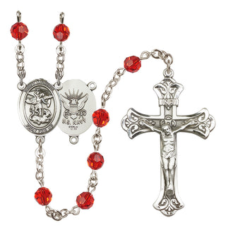 Sterling Silver 6mm Austrian Crystal Saint Michael / Navy Rosary in Ruby