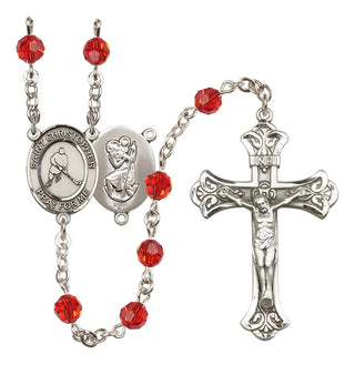 Sterling Silver 6mm Austrian Crystal Saint Christopher/Ice Hockey Rosary in Ruby