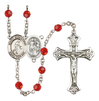 Sterling Silver 6mm Austrian Crystal Saint Sebastian/Basketball Rosary in Ruby
