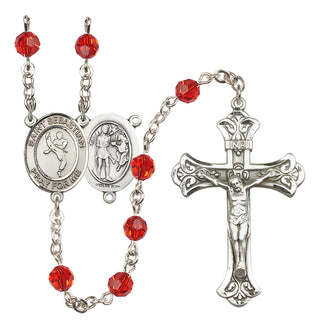 Sterling Silver 6mm Austrian Crystal Saint Sebastian/Martial Arts Rosary in Ruby