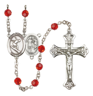 Sterling Silver 6mm Austrian Crystal Saint Sebastian/Surfing Rosary in Ruby