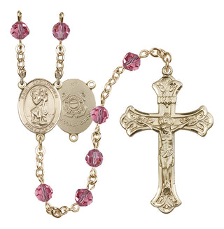 14 Karat Gold-Filled 6mm Austrian Crystal Saint Christopher / Coast Guard Rosary in Rose