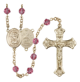 14 Karat Gold-Filled 6mm Austrian Crystal Saint Michael / Air Force Rosary in Rose