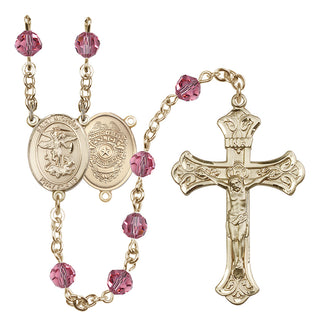 14 Karat Gold-Filled 6mm Austrian Crystal Saint Michael the Archangel/Policeman Rosary in Rose