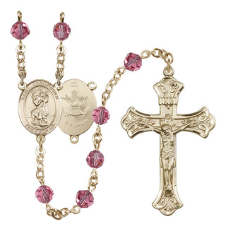 14 Karat Gold 6mm Austrian Crystal Saint Christopher / Army Rosary in Rose