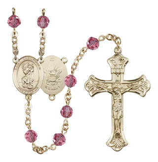14 Karat Gold 6mm Austrian Crystal Saint Christopher / Navy Rosary in Rose