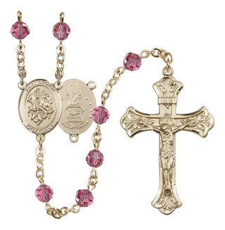 14 Karat Gold 6mm Austrian Crystal Saint George / Air Force Rosary in Rose