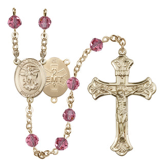 14 Karat Gold 6mm Austrian Crystal Saint Michael / EMT Rosary in Rose