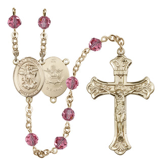 14 Karat Gold 6mm Austrian Crystal Saint Michael / Army Rosary in Rose